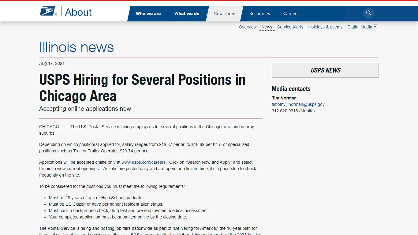 USPS Hiring for Several Positions in Chicago Area